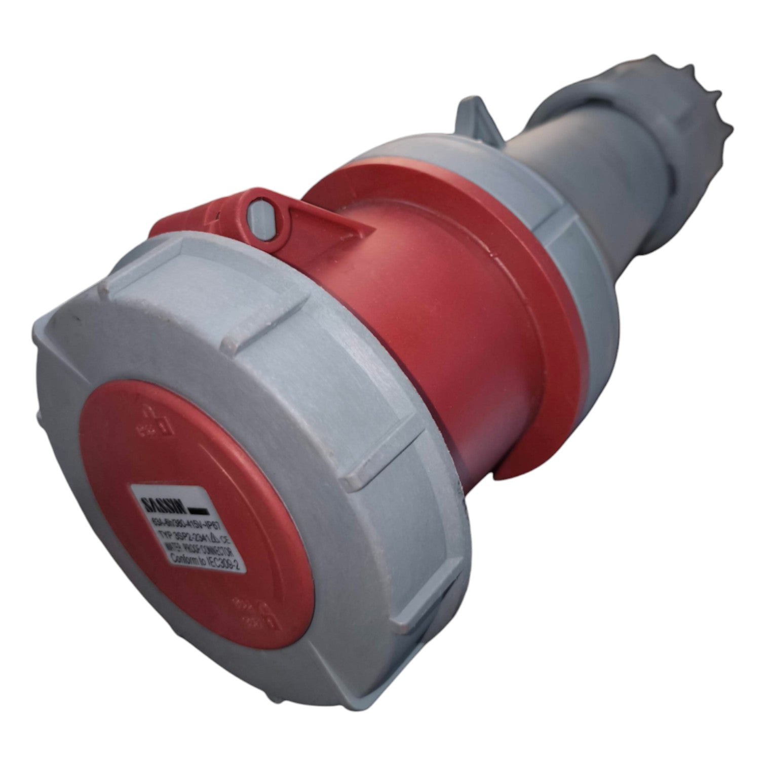 Red and gray electrical plug on a white background
