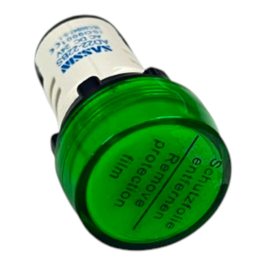 A green indicator light socket with a white metal base, featuring printed text including 'VAVIA' and 'AC DC 24V'.