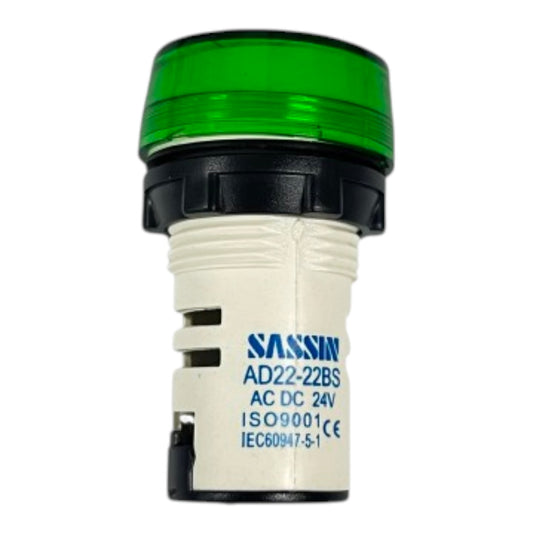 A SASSI industrial push-button switch with a translucent green top, a black collar, and a white plastic body with blue printed text.