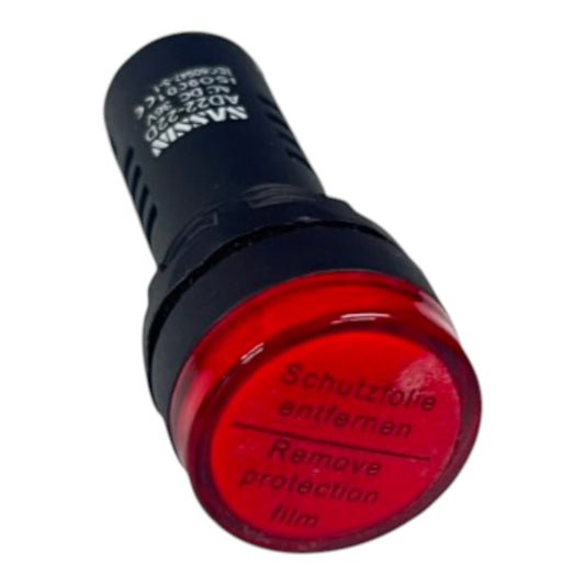 A red and black industrial indicator light with German and English text on the lens, shown on a plain white background.