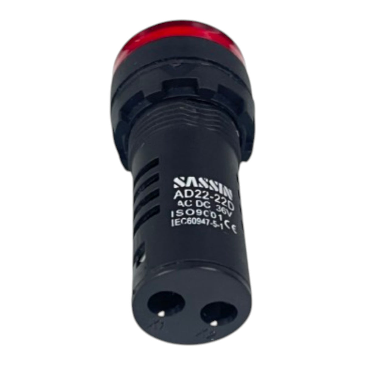 A black NASSIM industrial push-button indicator light with a red lens on top and white printed specifications on the side, set against a plain white background.