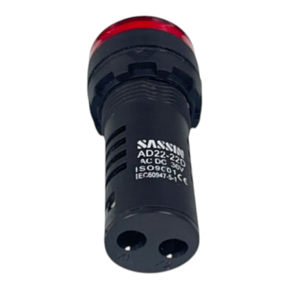 A black NASSIM industrial push-button indicator light with a red lens on top and white printed specifications on the side, set against a plain white background.