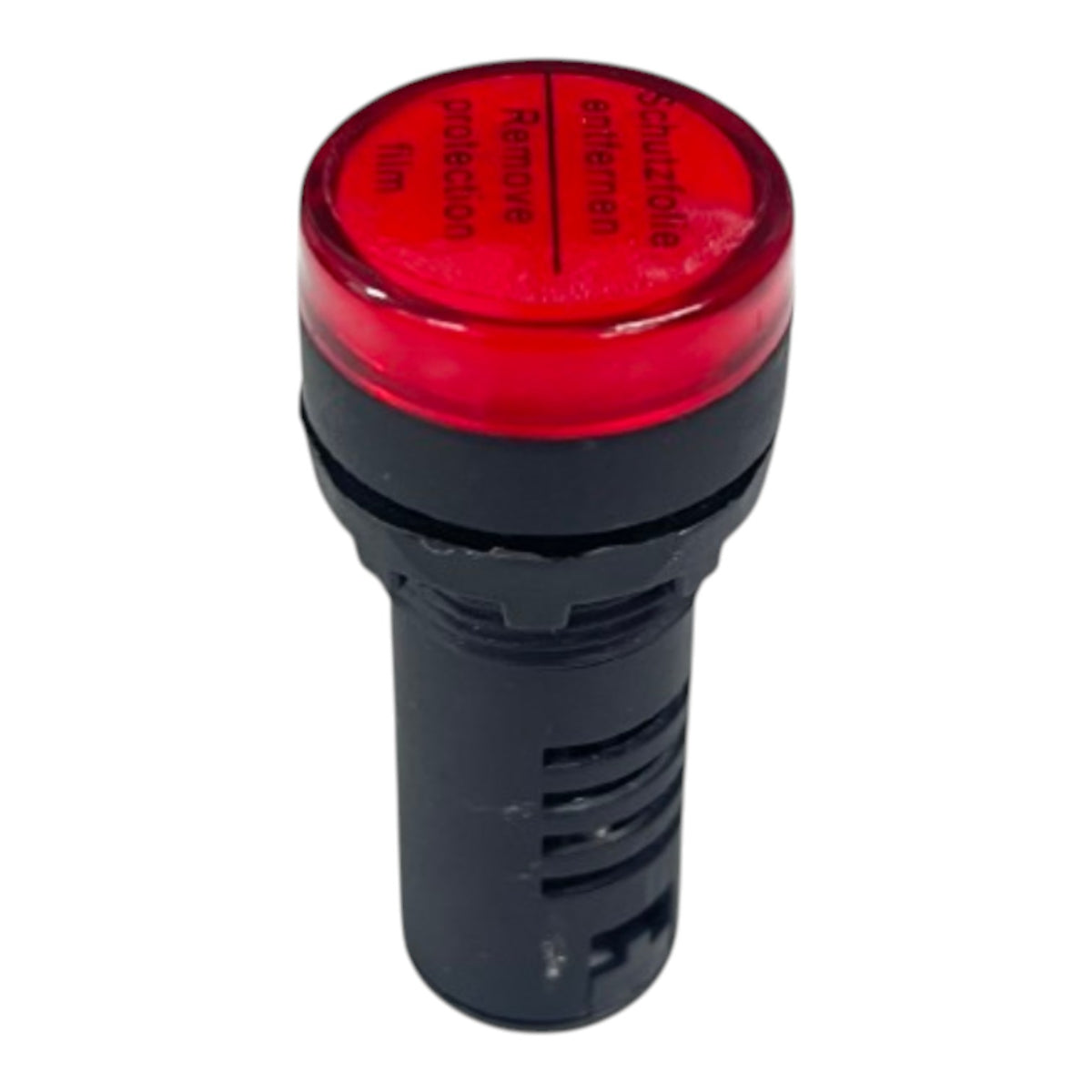 A red and black automotive indicator light with a translucent red top and a ribbed black base, featuring printed text on the red cap.
