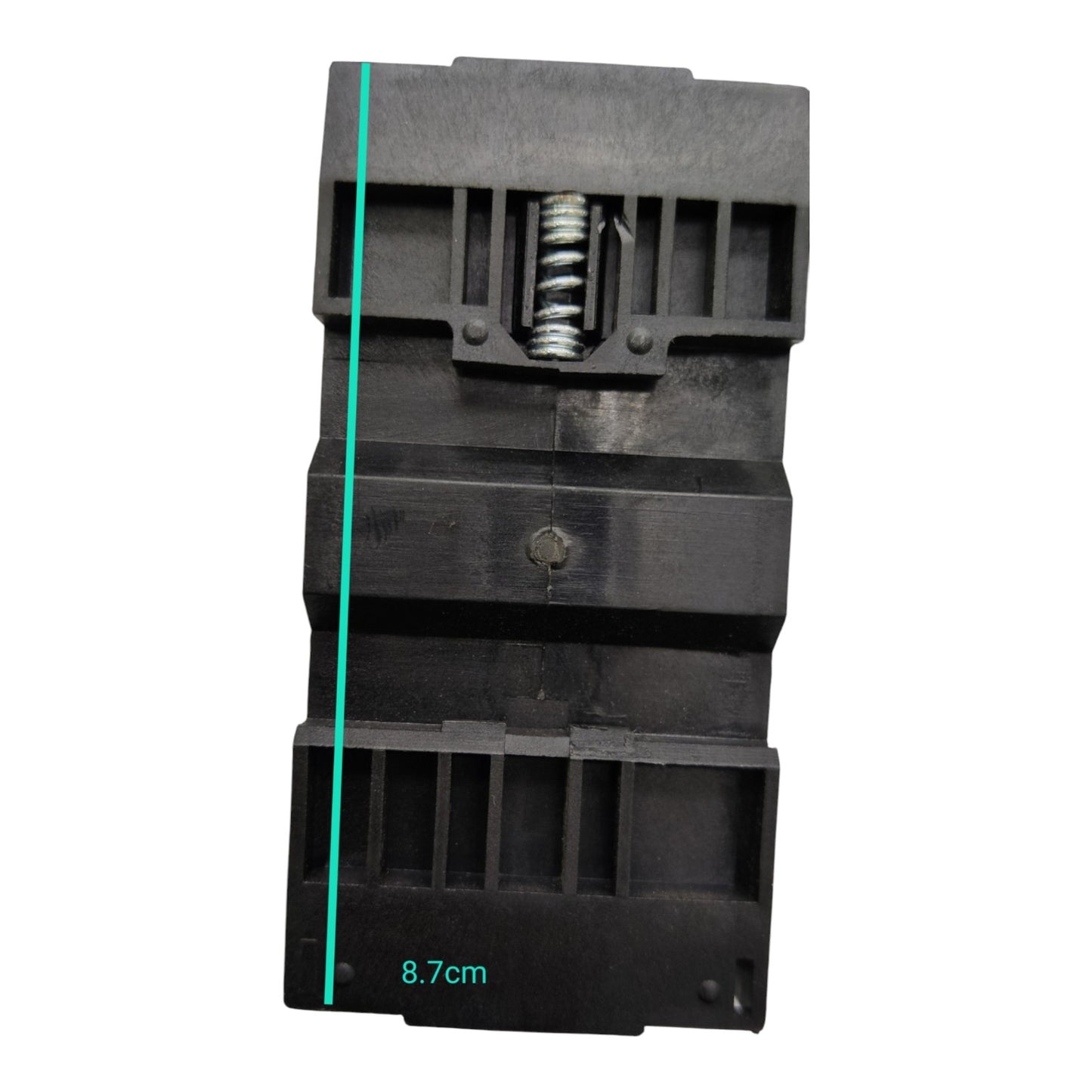 Black mechanical component with a spring and measurement label on a white background