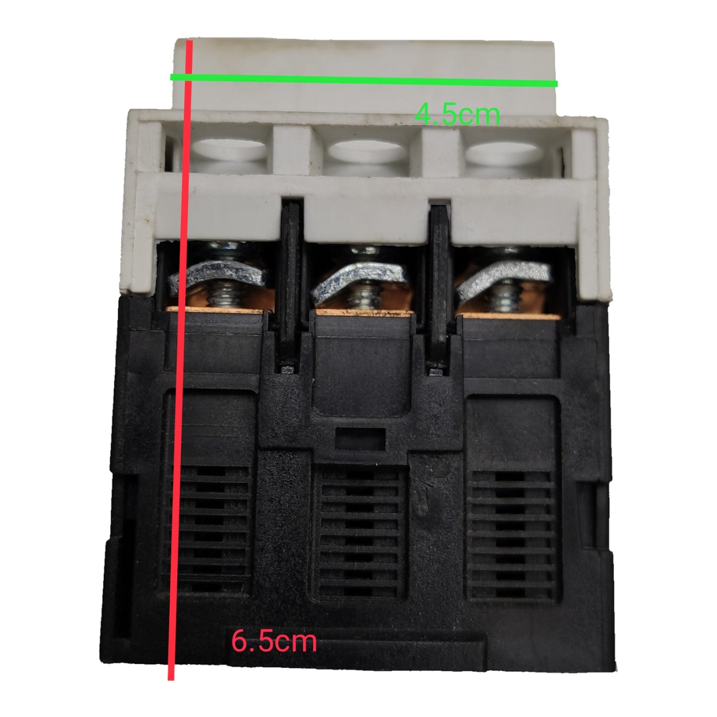 Electrical contactor with measurement markings on a white background