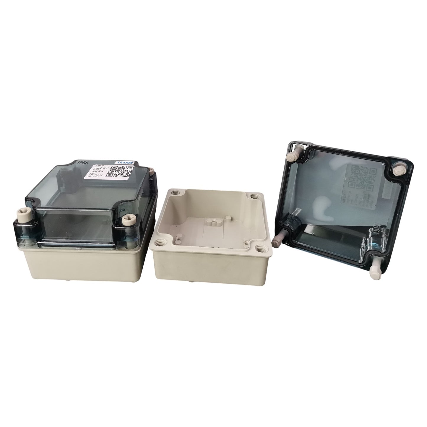 Three electrical boxes of different sizes on a white background