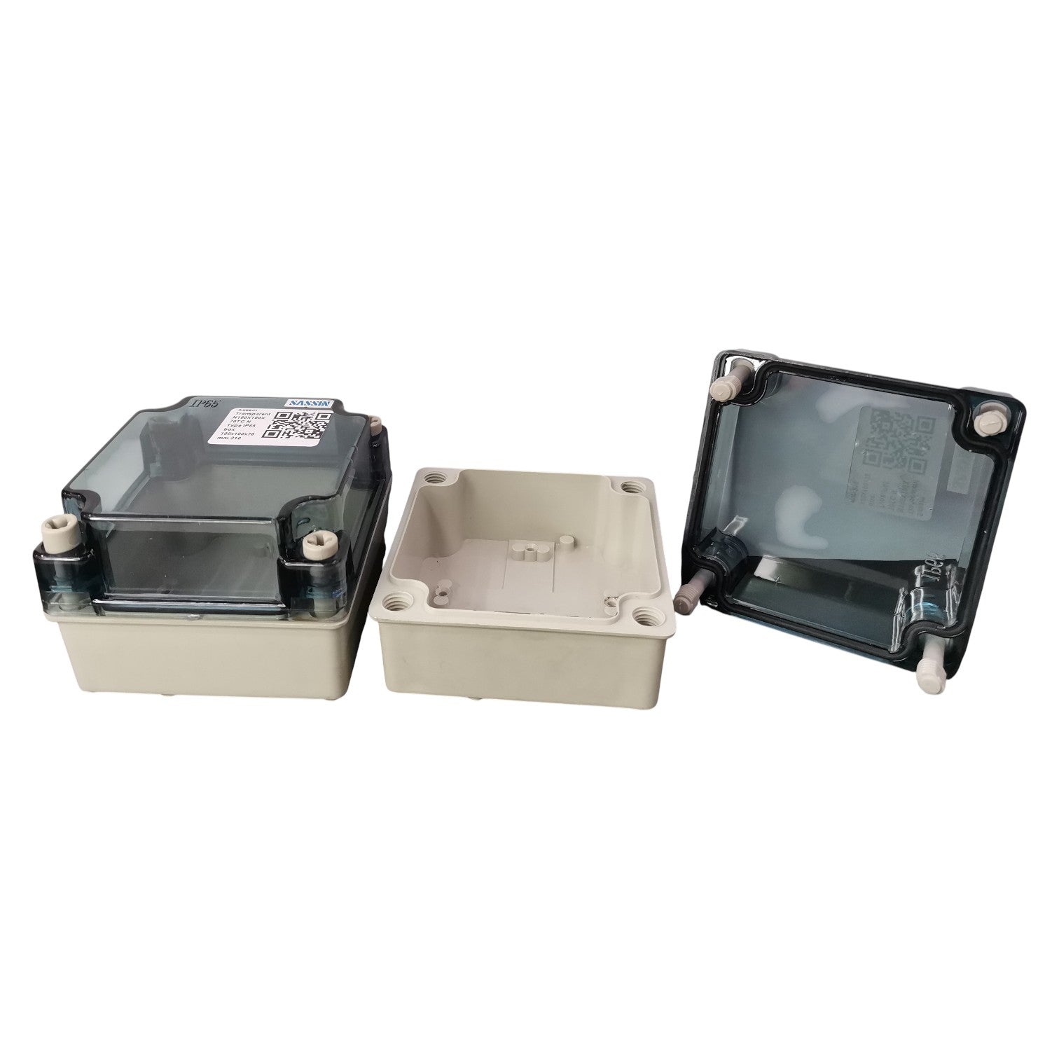 Three electrical boxes of different sizes on a white background