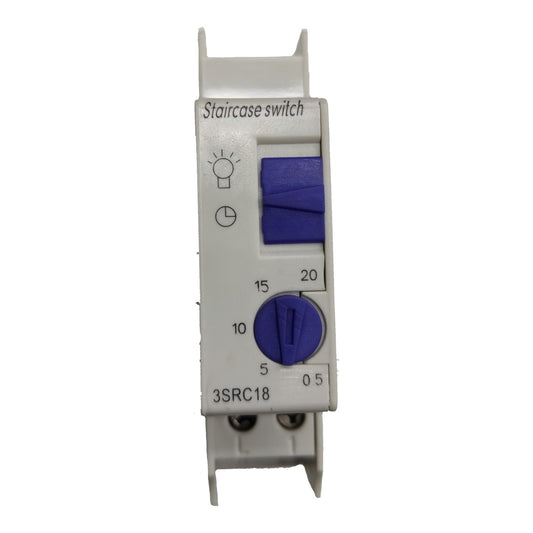 A white plastic staircase switch module with blue sliding switches and printed settings, isolated on a white background.
