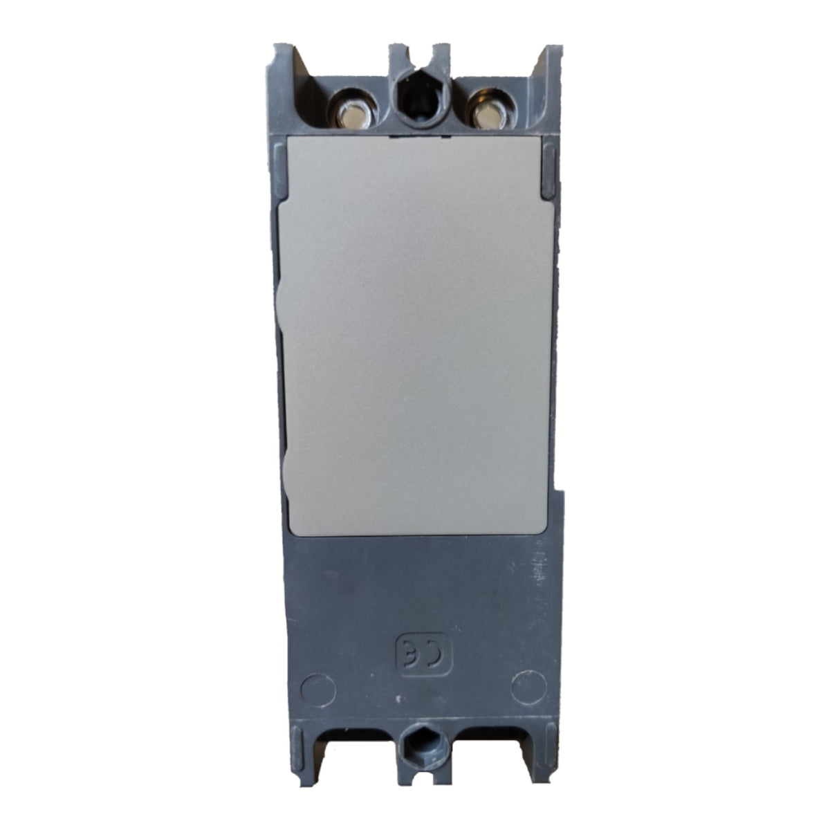 A dark gray industrial electrical component, likely a contactor or relay module, featuring a large brushed silver metal plate on the front face and terminal blocks at the top, isolated on a white background.