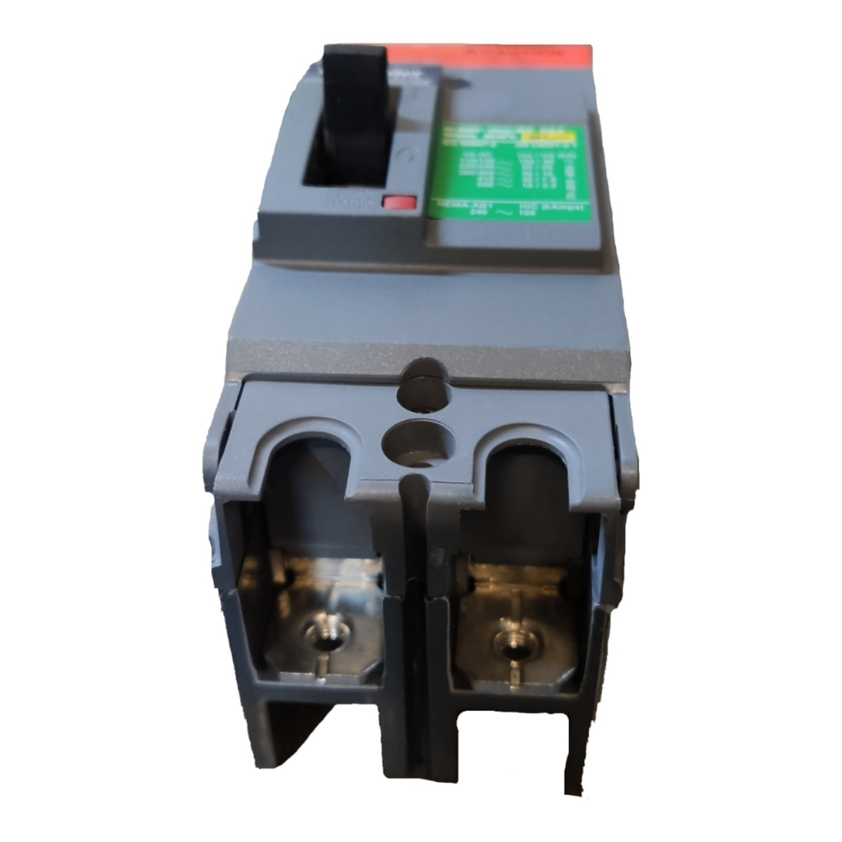 A gray plastic electrical circuit breaker with a black handle, a red top switch, and a green label, shown on a plain white background.