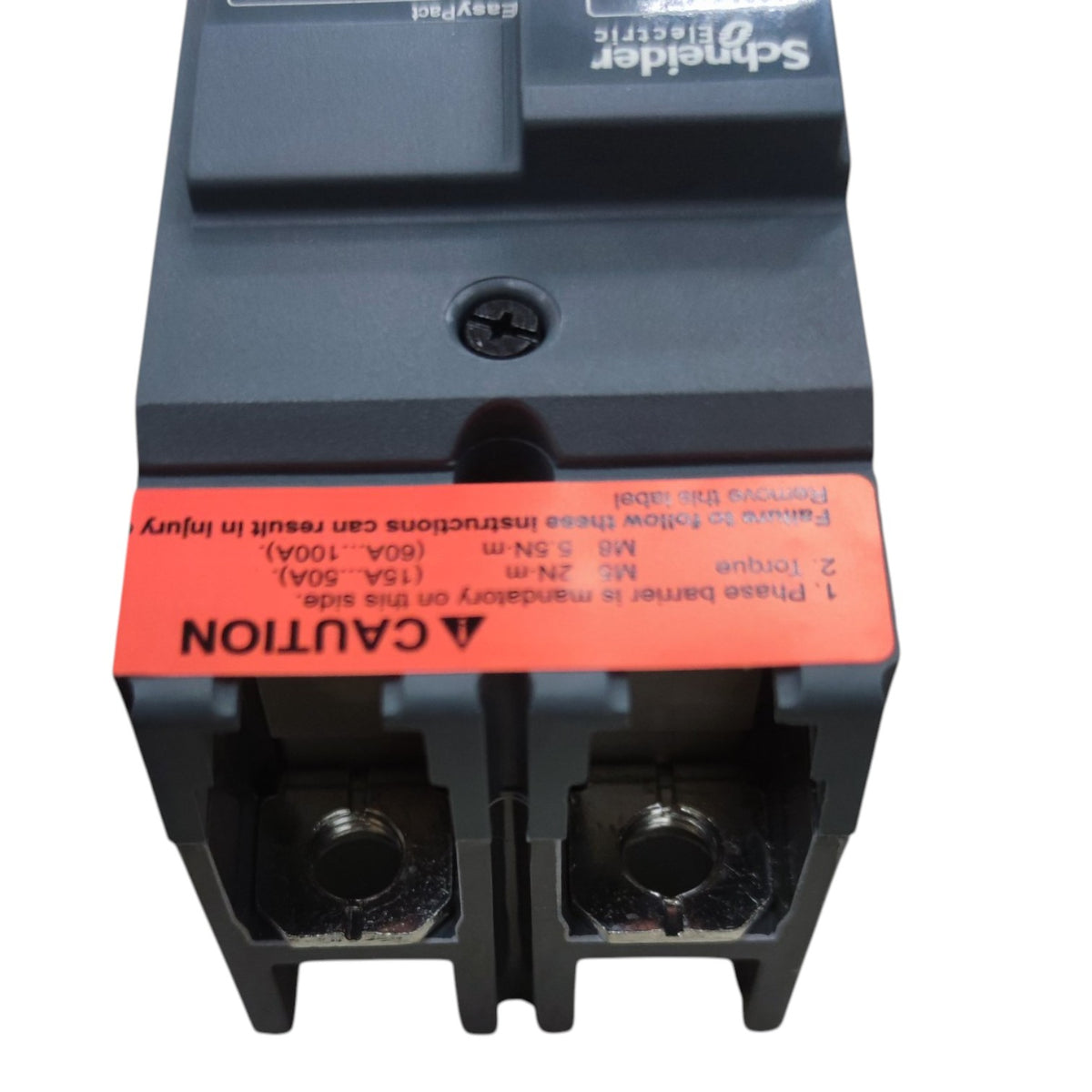 Schneider Electric IEC 320A molded circuit breaker with a prominent orange safety label on a white background.