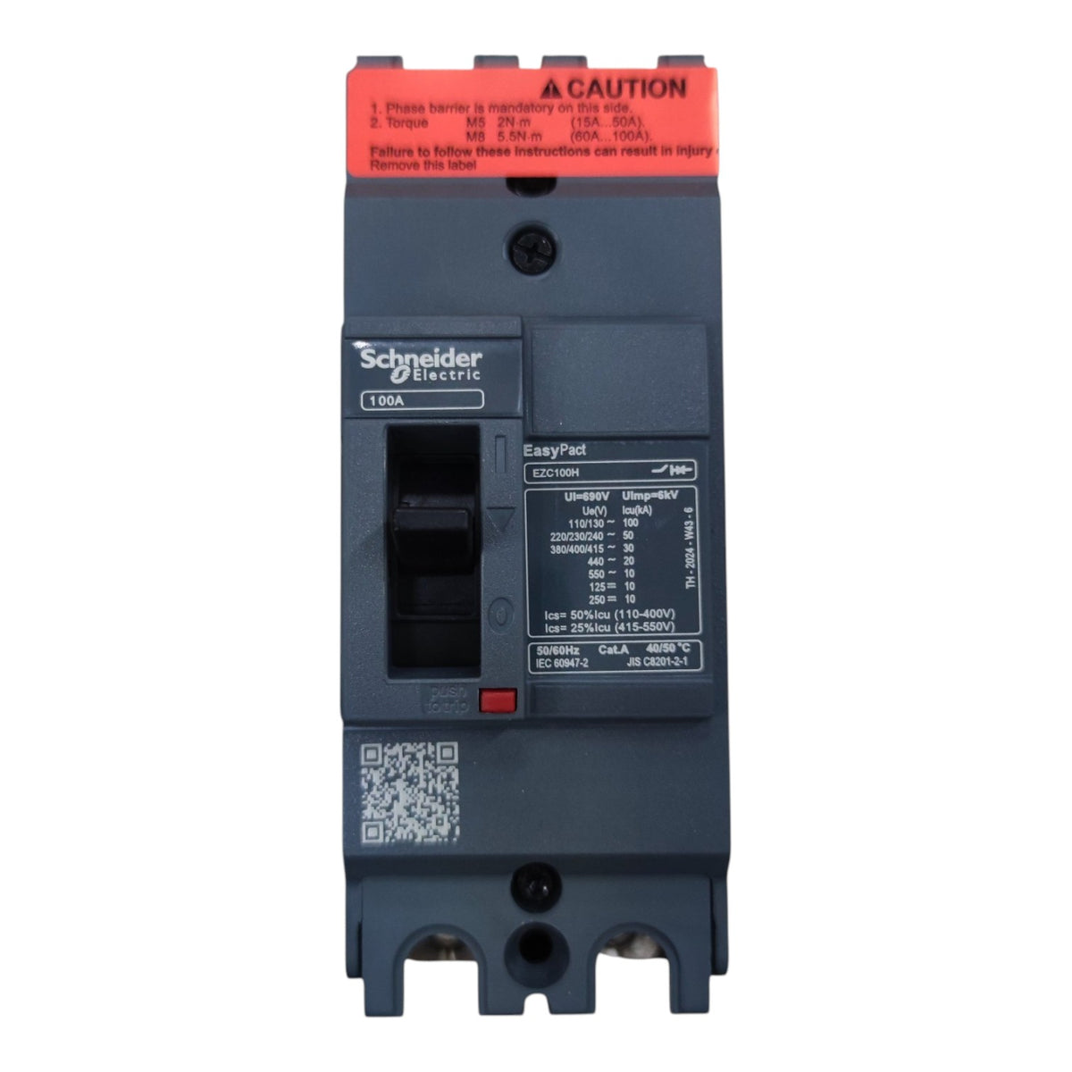 Schneider Electric EasyPad E 60A AC circuit breaker with a dark gray body, a red top terminal cover, and printed technical specifications and a QR code on the front.
