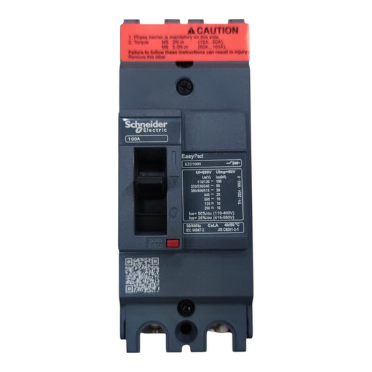 Schneider Electric EasyPad E 60A AC circuit breaker with a dark gray body, a red top terminal cover, and printed technical specifications and a QR code on the front.