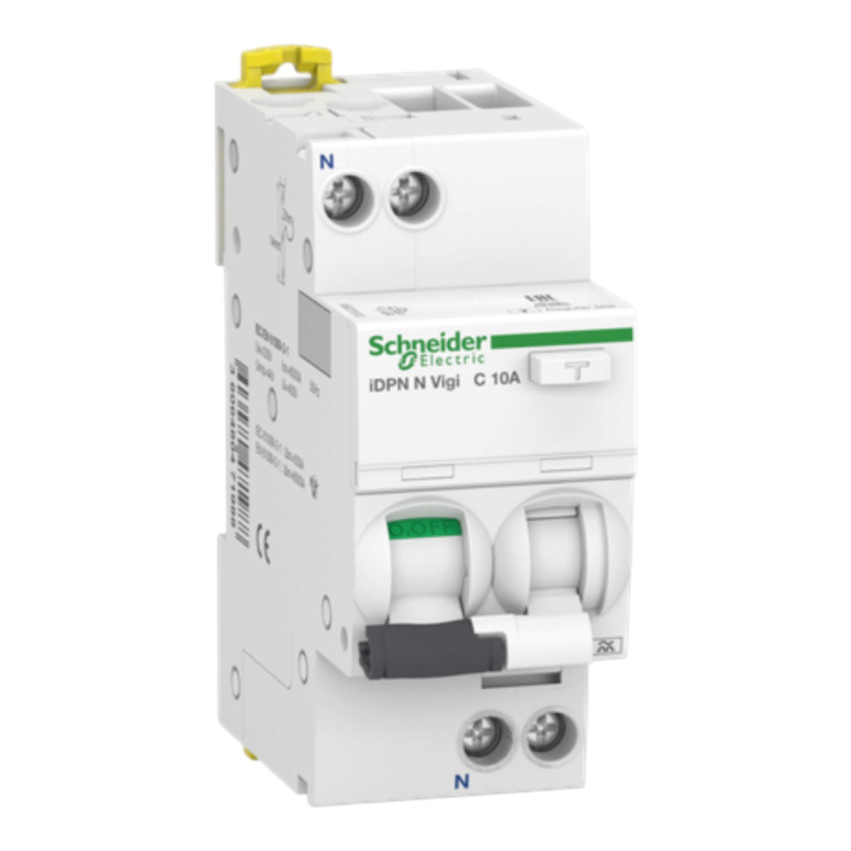 Schneider Electric IDPN N Vigi C 10A modular circuit breaker, white plastic housing with green and gray details, shown on a plain white background.