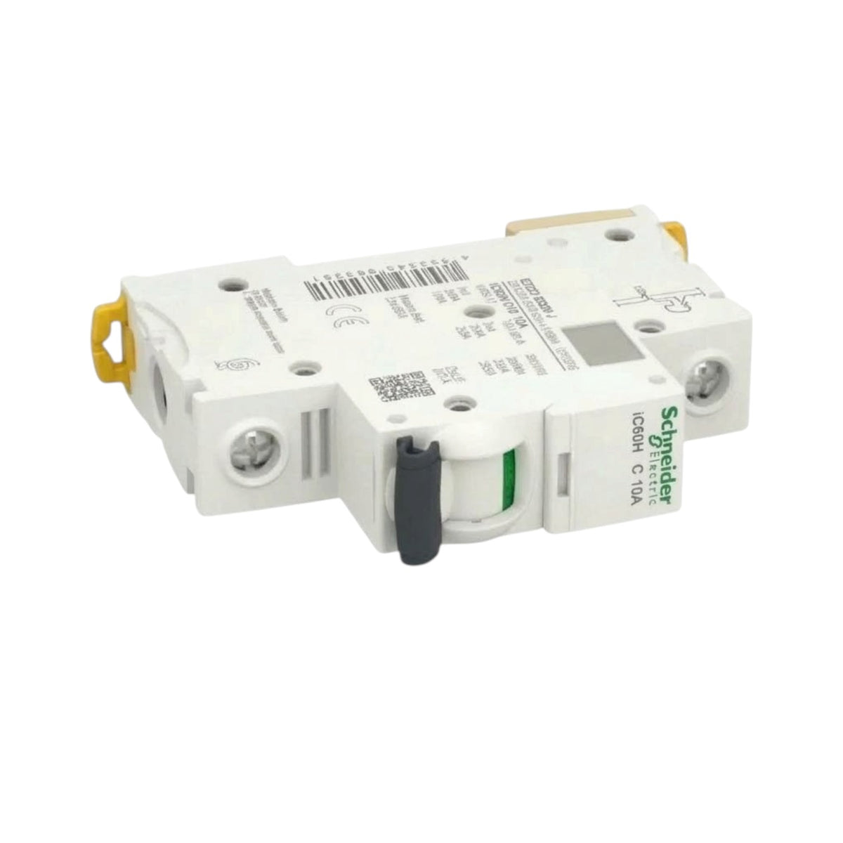 Schneider AC200H C TSA modular circuit breaker module, white plastic housing with a black switch lever, yellow terminal caps, and green brand text on a white background.