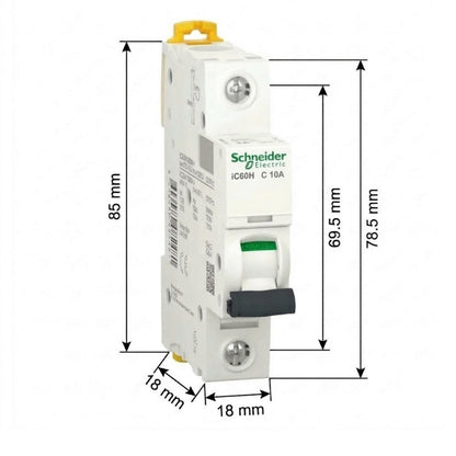 Schneider Electric IC60H C 10A modular circuit breaker with dimension annotations showing 85 mm overall height, 69.5 mm and 78.