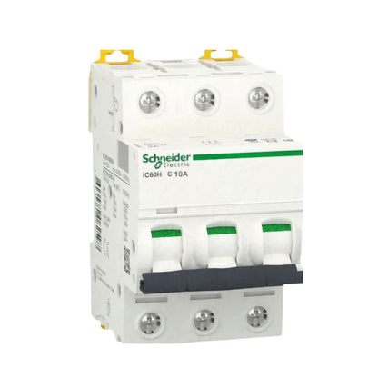 Schneider Electric IC68H C 10A modular circuit breaker, white plastic housing with green and yellow accents, three green-labeled switch handles, and a dark gray front latch, shown on a plain white background.