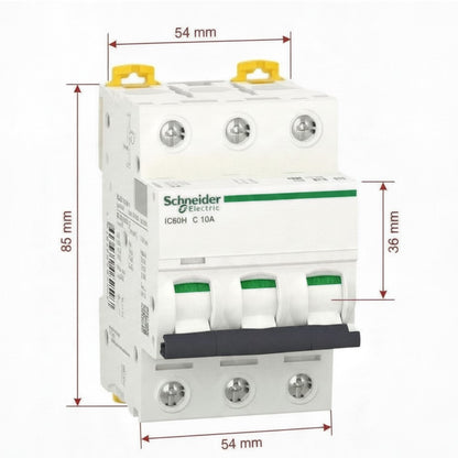 Schneider Electric ICB60H C 16A modular circuit breaker with labeled callouts for parts and specifications on a white background.