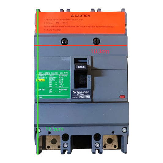 Schneider Electric ELC 250A modular circuit breaker with dimension overlays showing 18.3cm and 14.
