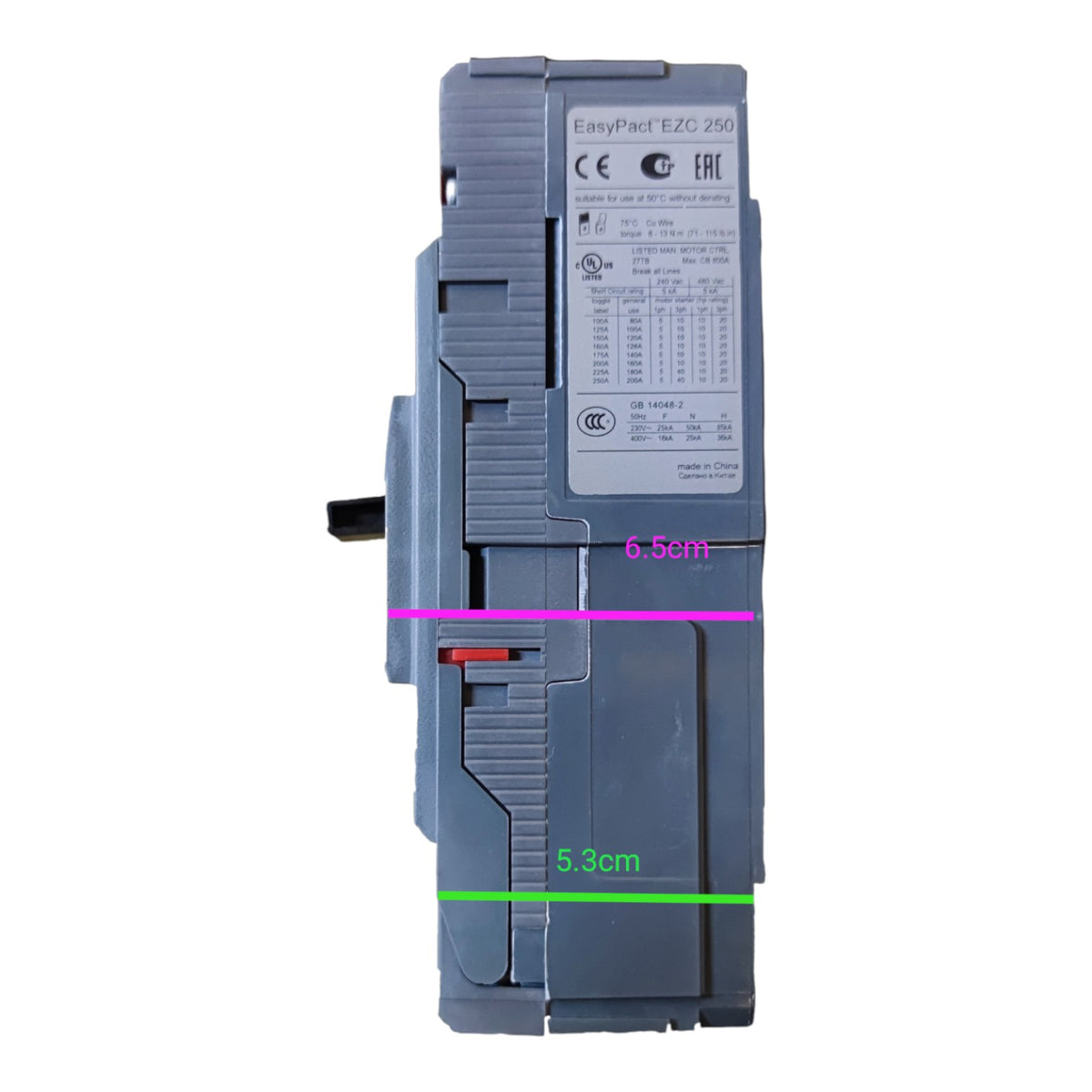 A gray industrial electrical component, likely a Siemens EasyPath E20 250 module, shown against a white background with pink, green, and purple dimension lines indicating measurements of 6.5cm, 5.