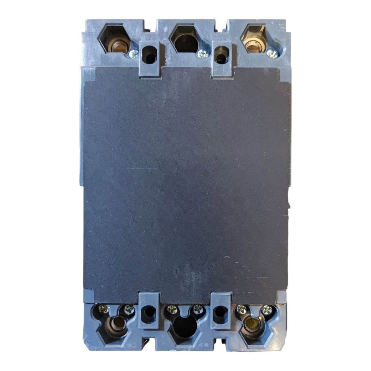 A heavy-duty industrial contactor or relay component with a dark gray central body and a light blue-gray plastic housing, featuring terminal blocks with screws at the top and bottom on a white background.