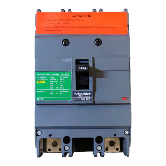 Schneider Electric 230VAC 125A molded circuit breaker with a gray plastic housing, orange top handle cover, and green technical specification label.