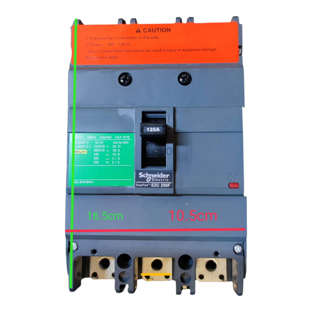 Schneider Electric EDC 250F circuit breaker with green and red dimension lines showing 16.5cm and 10.5cm measurements.