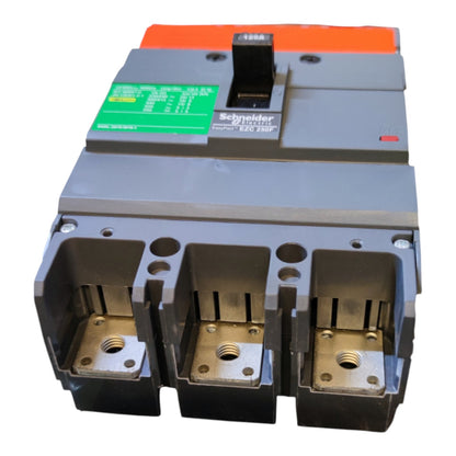 Schneider Electric 3PO 60A molded circuit breaker with three terminal compartments, featuring a gray plastic housing, orange top handle cover, green specification label, and black switch.