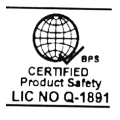 A black-and-white certification mark showing a globe icon, the text 'BPS', 'CERTIFIED Product Safety', and 'LIC NO Q-1891'.