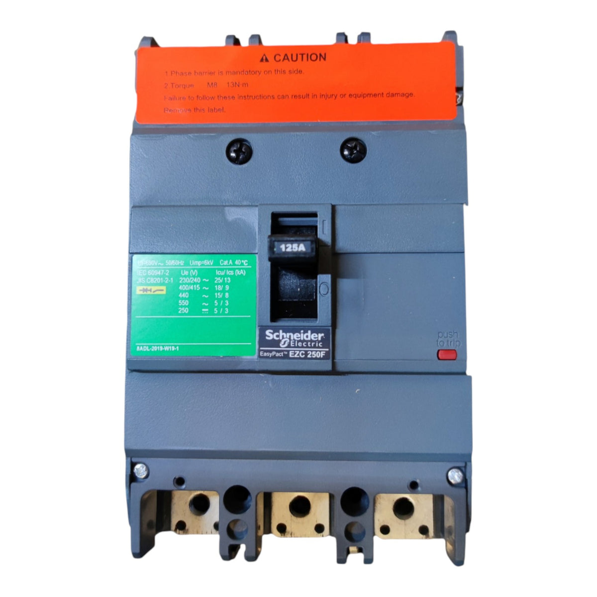 Schneider Electric ZEC 250F ELCB circuit breaker with a gray housing, orange top handle cover, green technical label, and gold terminal blocks at the bottom.