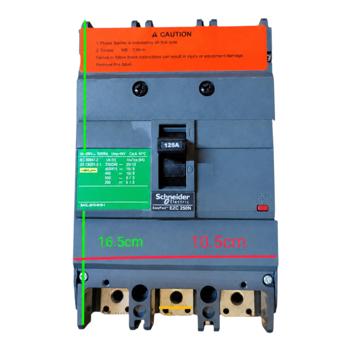Schneider Electric BQC 320R circuit breaker with dimension markings showing 16.5cm height and 10.