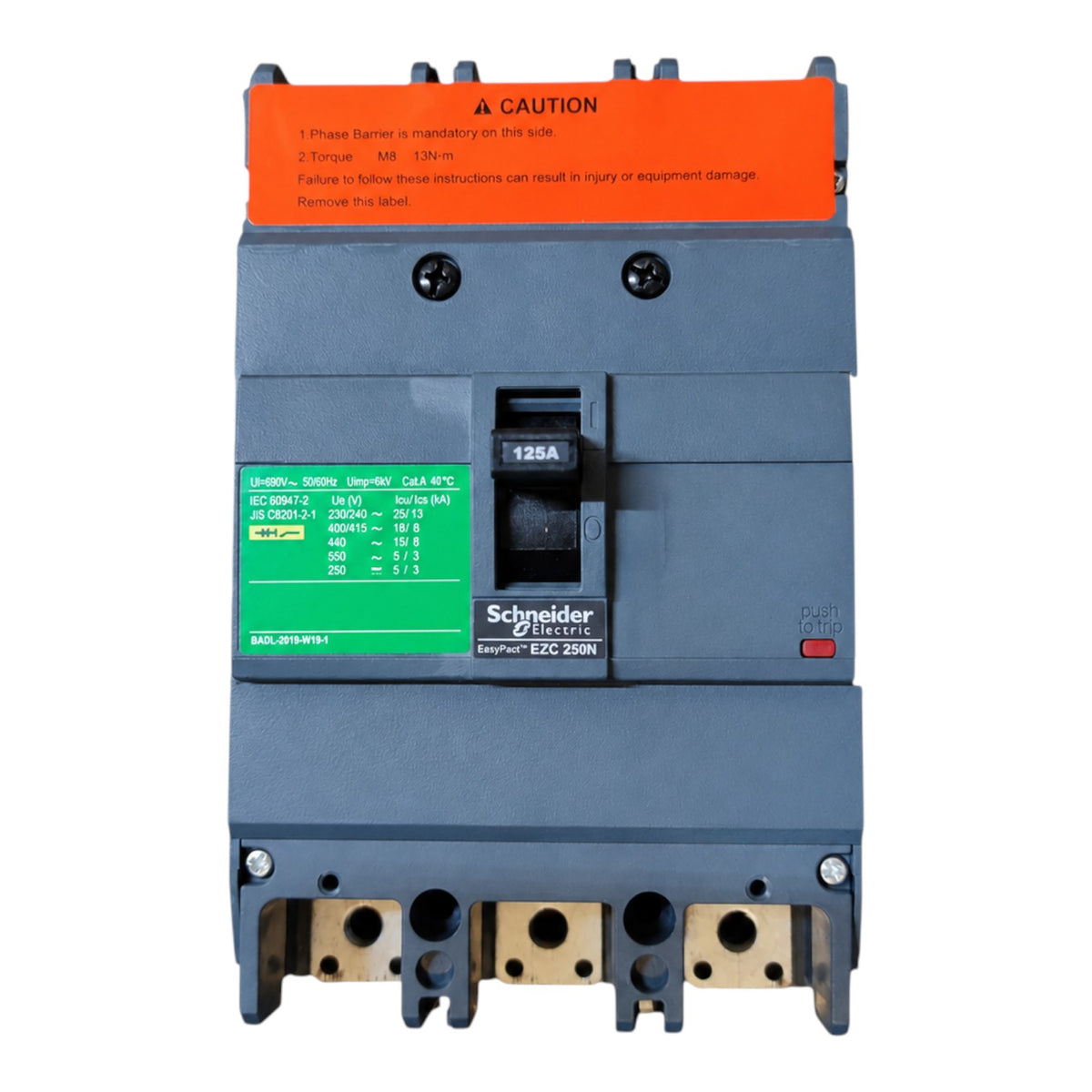 Schneider Electric ELC2 250N circuit breaker module in dark gray with an orange top label, green technical specification sticker, and black switch handle.