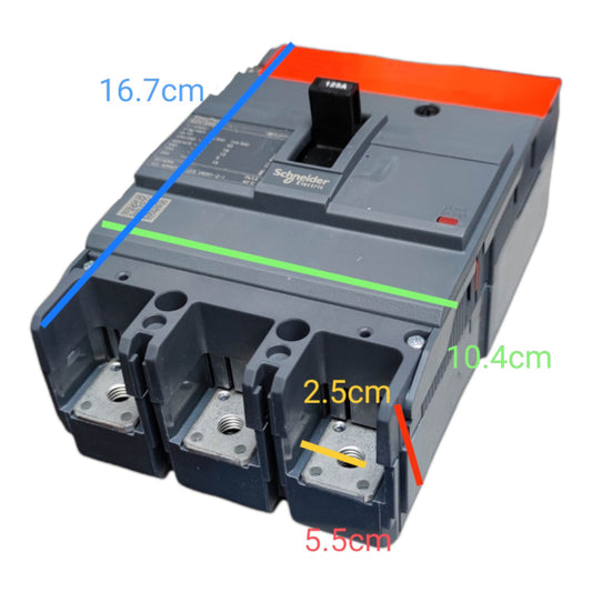 Schneider Electric three-pole circuit breaker with overlaid dimension lines showing measurements in centimeters on a white background.