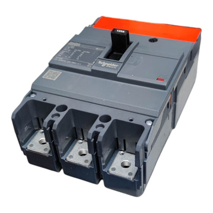 Schneider Electric 3P modular electrical contactor with a gray plastic body, orange top cover, and black switch handle, shown on a white background.
