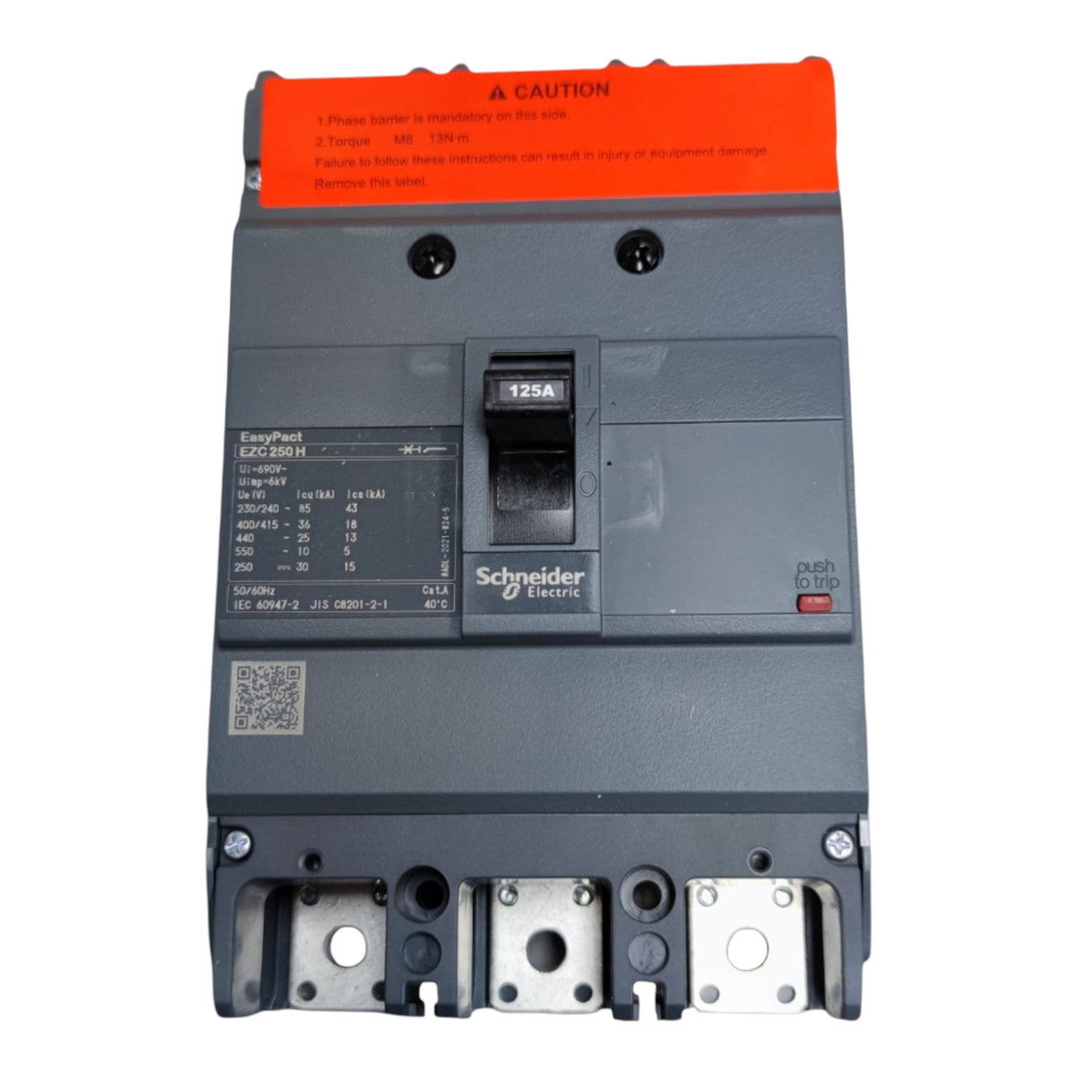 Schneider Electric EasyStart ELC2000 III circuit breaker, 125A, 380V, shown from the front against a white background.