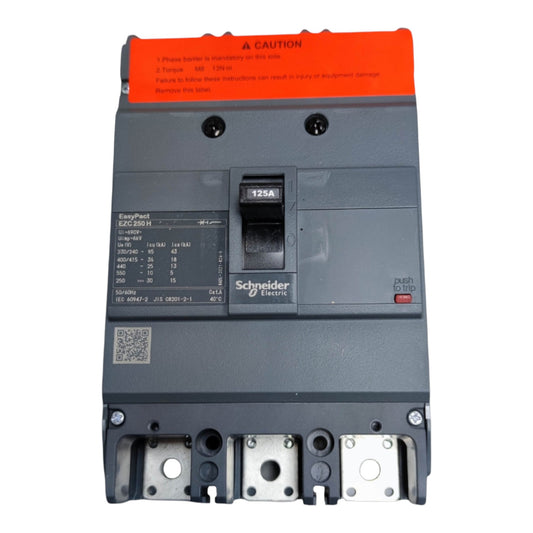 Schneider Electric EasyStart ELC2000 III circuit breaker, 125A, 380V, shown from the front against a white background.