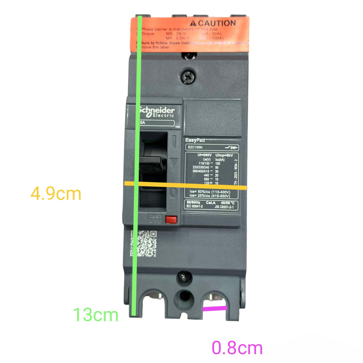 Schneider Electric EasyPart AC circuit breaker shown on a white background with overlaid dimension lines and measurements: 4.9 cm, 13 cm, and 0.