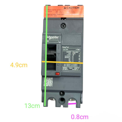 Schneider Electric EasyPart AC circuit breaker shown on a white background with overlaid dimension lines and measurements: 4.9 cm, 13 cm, and 0.