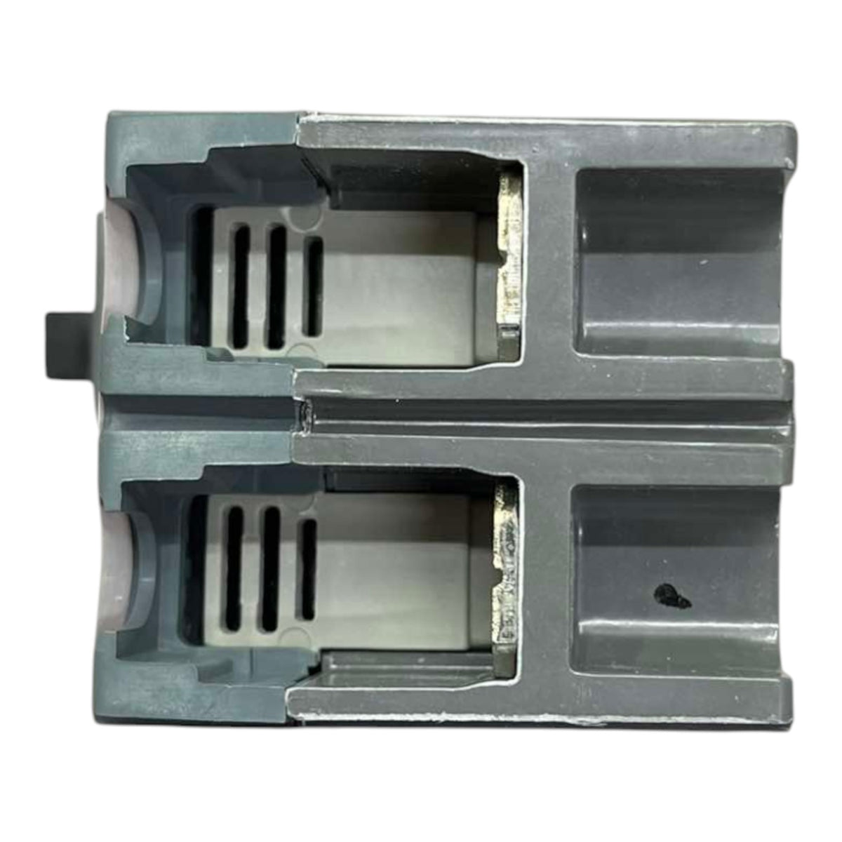 A gray plastic dual-injection nozzle assembly, commonly used in inkjet printers, shown from a top-down perspective on a white background.