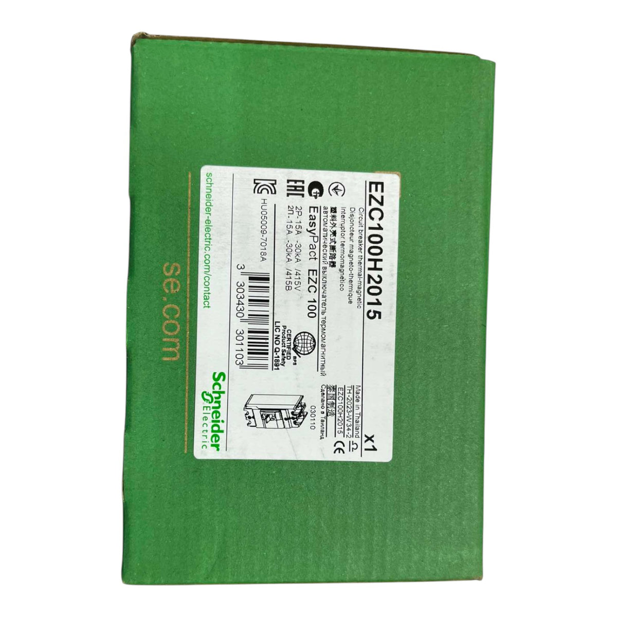 A green Schneider Electric product box with a white label showing the model E2C100H2015 and Schneider Electric branding.