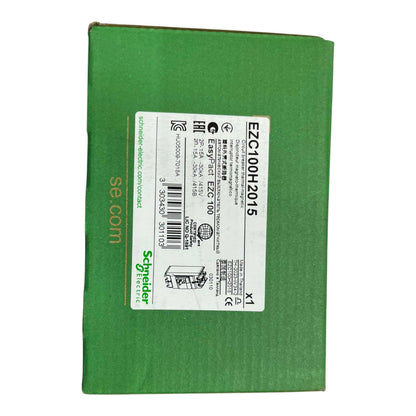 A green Schneider Electric product box with a white label showing the model E2C100H2015 and Schneider Electric branding.