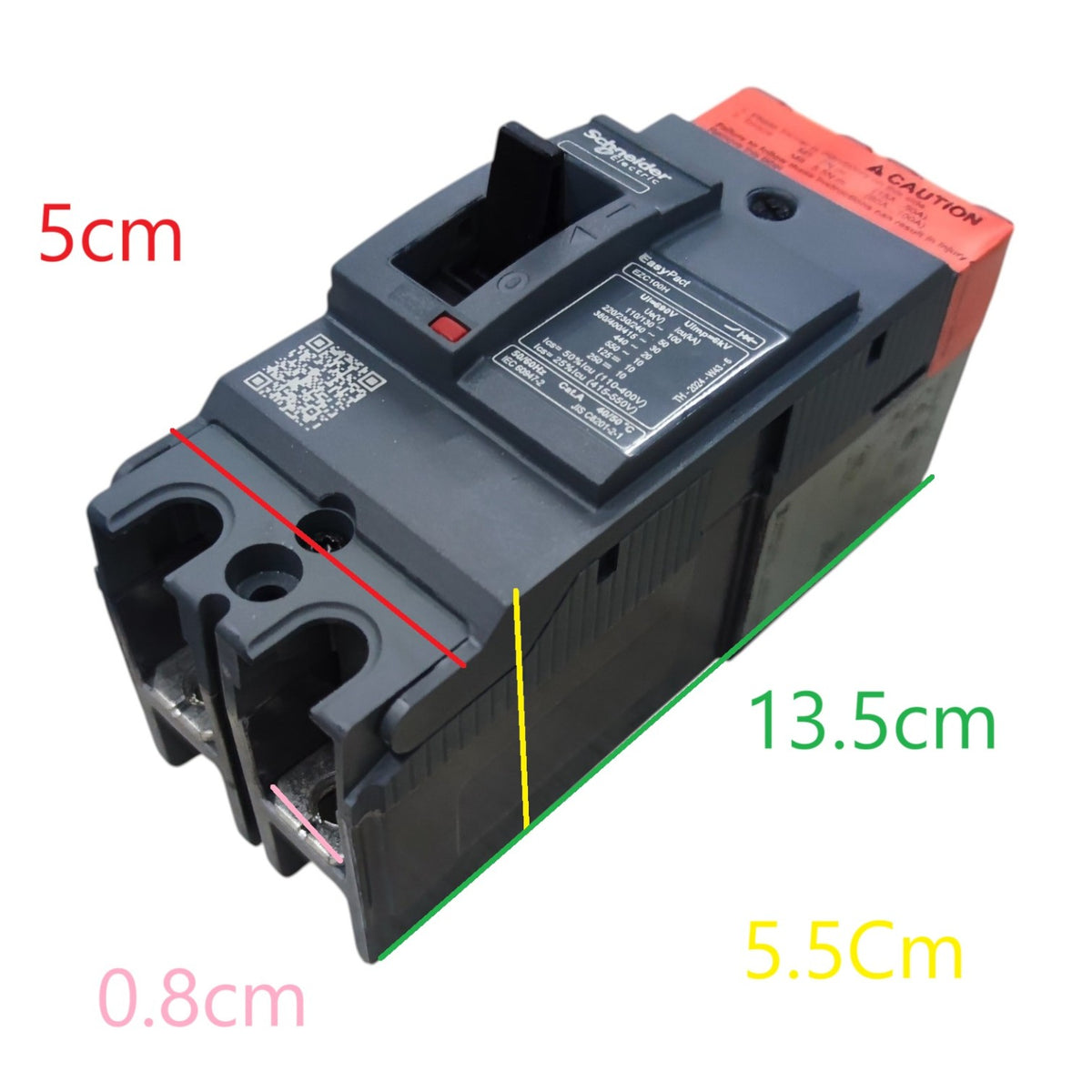 A black electrical circuit breaker with red and orange end caps, shown on a white background with overlaid dimension labels in red, green, yellow, and pink indicating measurements of 5cm, 13.5cm, 5.