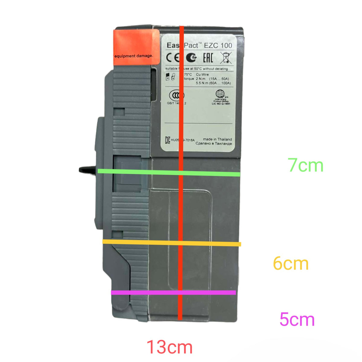A gray industrial electronic module with overlaid dimension lines and text showing measurements: 7cm, 6cm, 5cm, and 13cm, on a plain white background.
