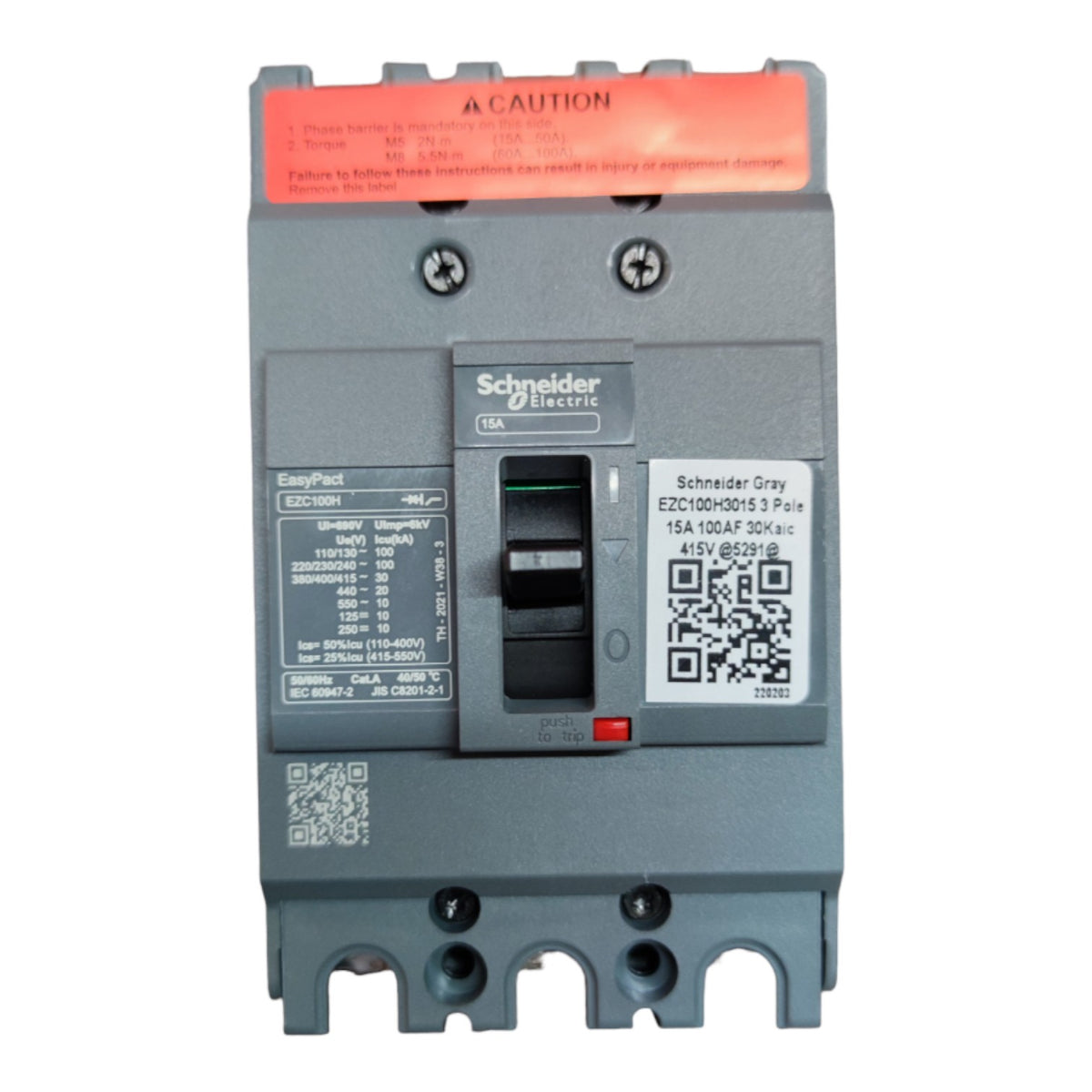 Schneider Electric EasyPad ETC100/H0815.3 PTC 15A 10AFC 30VAC circuit breaker with a gray plastic housing, black switch, and an orange caution label on top.