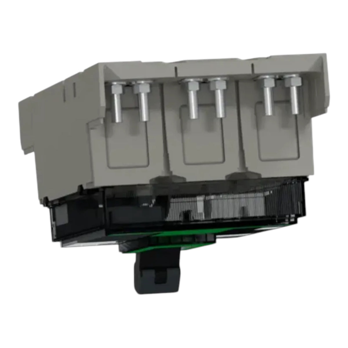 A 3-pin electrical terminal block connector with a gray plastic housing, silver metal pins, and a black base with a green accent ring, shown on a white background.