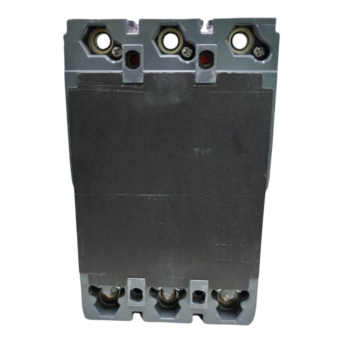 A heavy-duty industrial electrical contactor or relay component with a dark gray metal body, three terminal posts at the top, and three corresponding terminal posts at the bottom, shown against a plain white background.