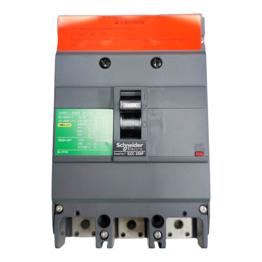 Schneider Electric ESD 250F circuit breaker with a gray plastic housing, an orange top cover, and a green technical specification label.
