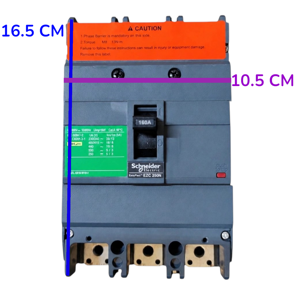 Schneider Electric E20 250N circuit breaker with dimension overlays showing 16.5 cm height and 10.