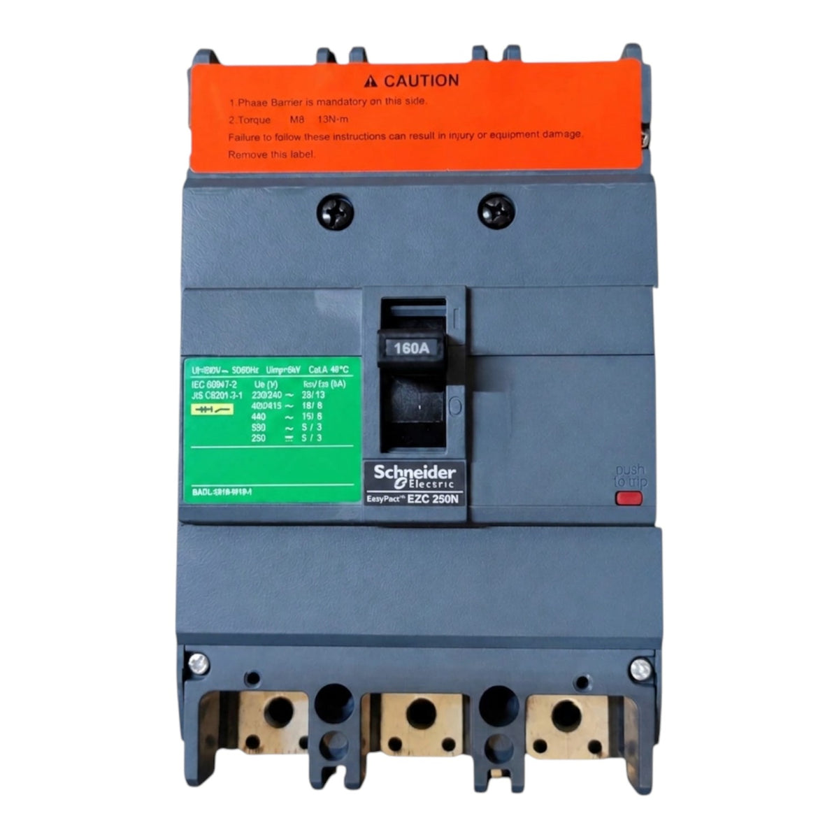 Schneider Electric EBD 250N circuit breaker with a dark gray housing, orange top warning label, green technical specification sticker, and gold-colored terminal blocks at the bottom, shown on a white background.