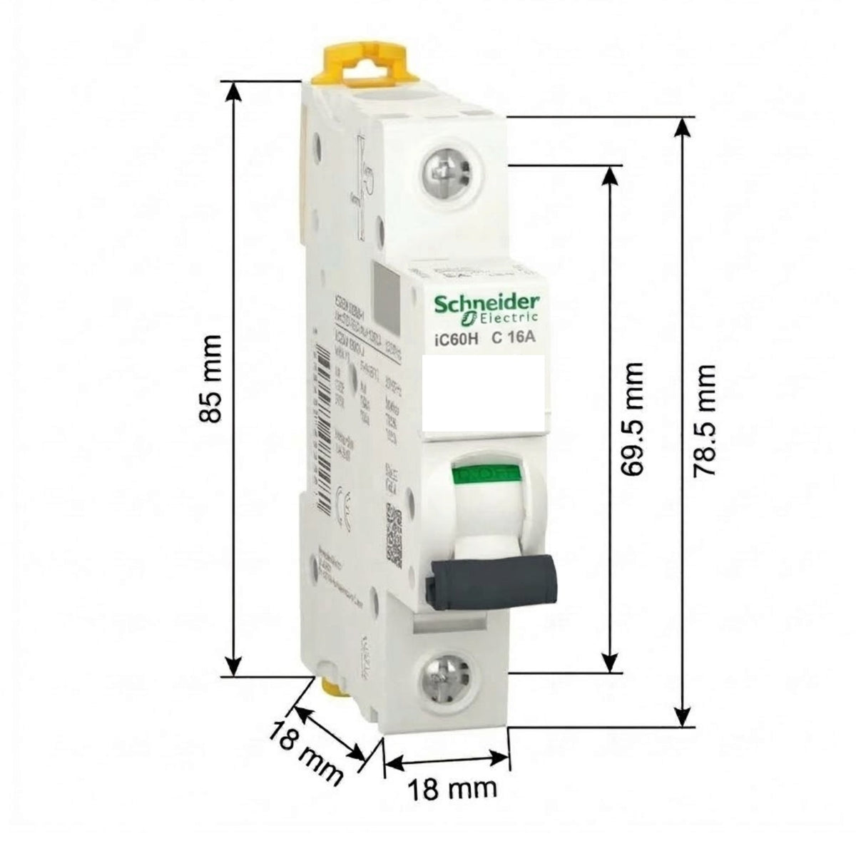 Schneider Electric IC60H C16A modular circuit breaker with dimension annotations showing 85 mm overall height, 78.5 mm with switch, 69.